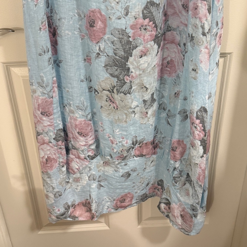 Angela Mara 100% linen Floral Sleeveless Blue Dress with pockets cabbage rose - Picture 8 of 9